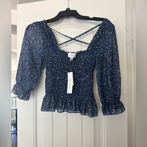 Topshop Blue Puff Sleeve Smocked Blouse